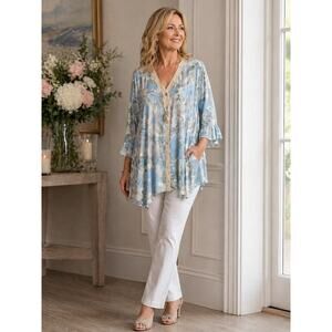 LOGO Lori Goldstein Blue Print Lace Trim Cardigan Ruffle Sleeve L